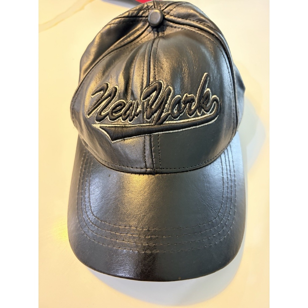 "New York Script Baseball Cap - Black Faux Leather Look - Adjustable Strap Back"